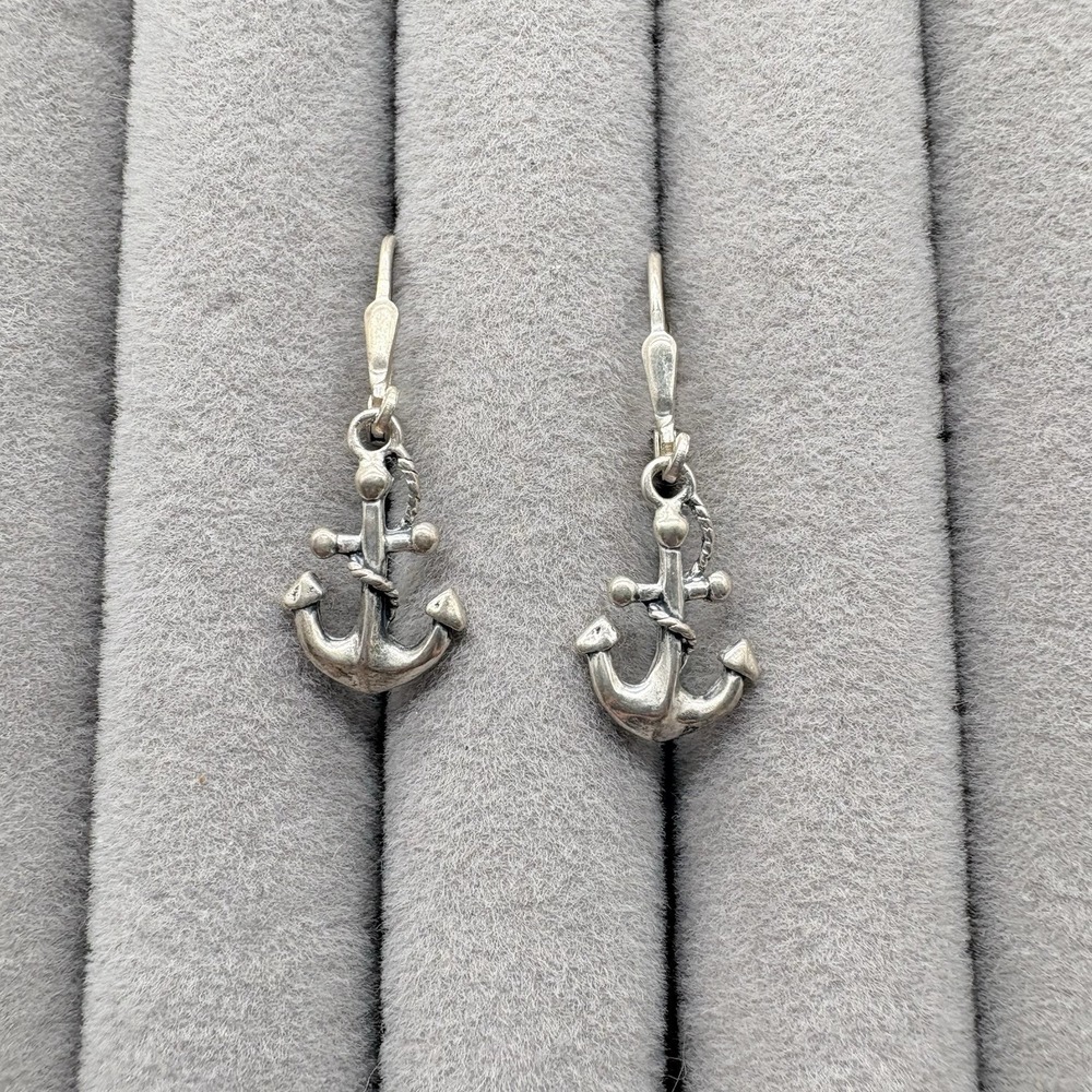 Sterling Silver Anchor Dangle Earrings Nautical Rope .925 2.24g